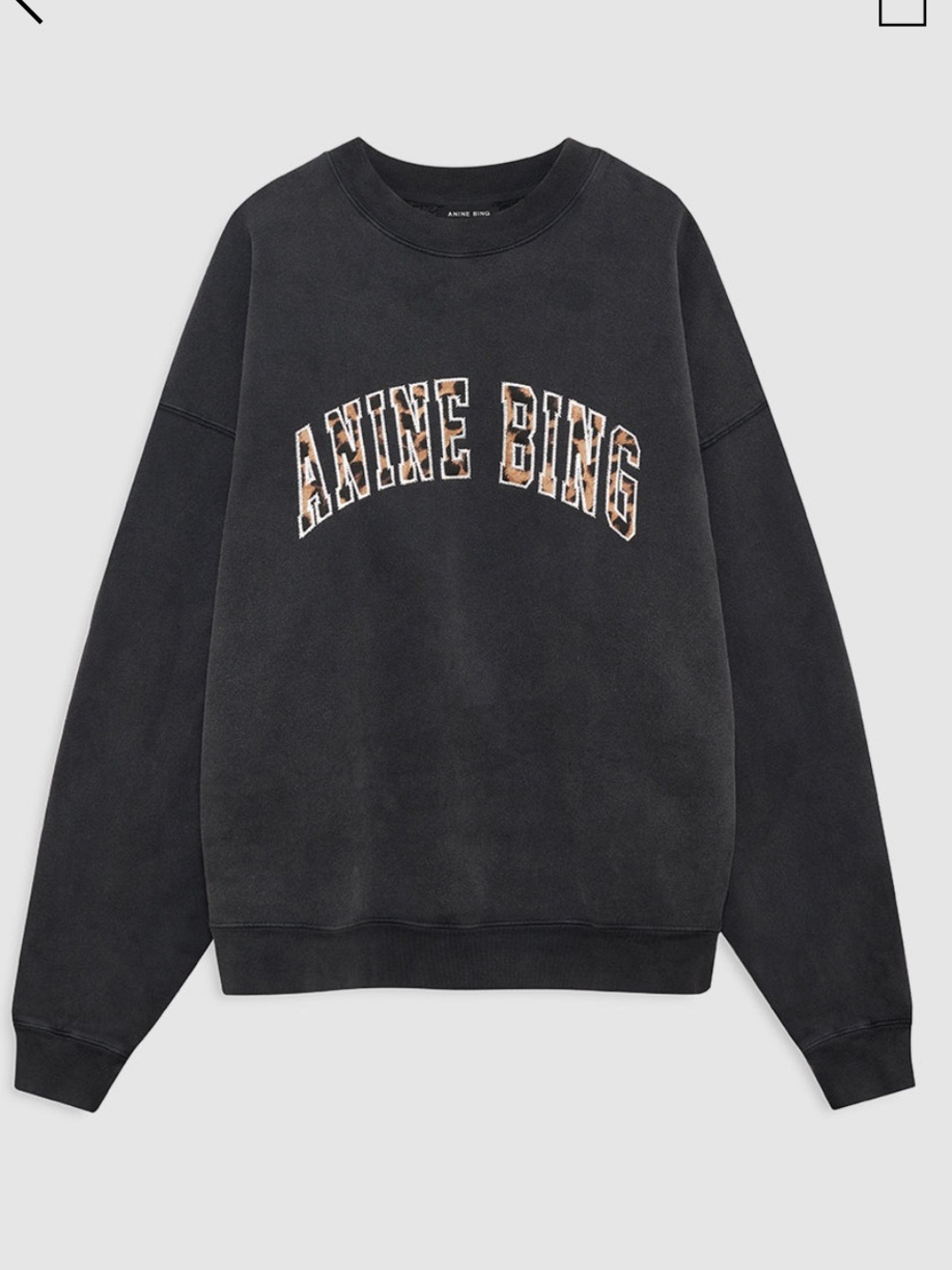 Anine Bing Miles Sweatshirt in Washed Black with Leopard lettering. Large. EUC
